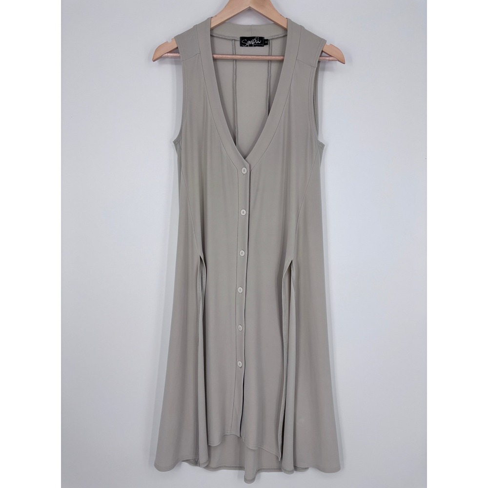 Sympli Button Front Vest Dress Women 2 Beige Sleeveless V-Neck Lagenlook Minimal